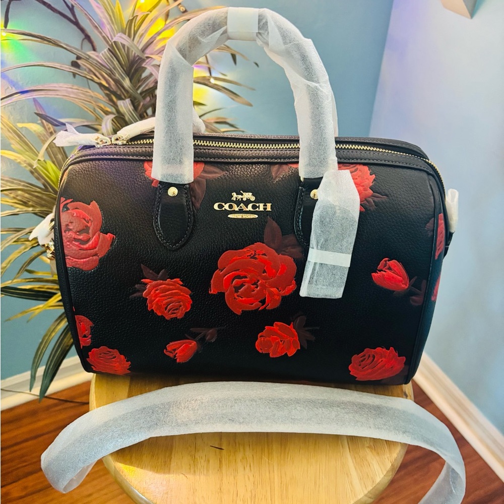Coach NWT Large Black and Red Rose Rowan Satchel